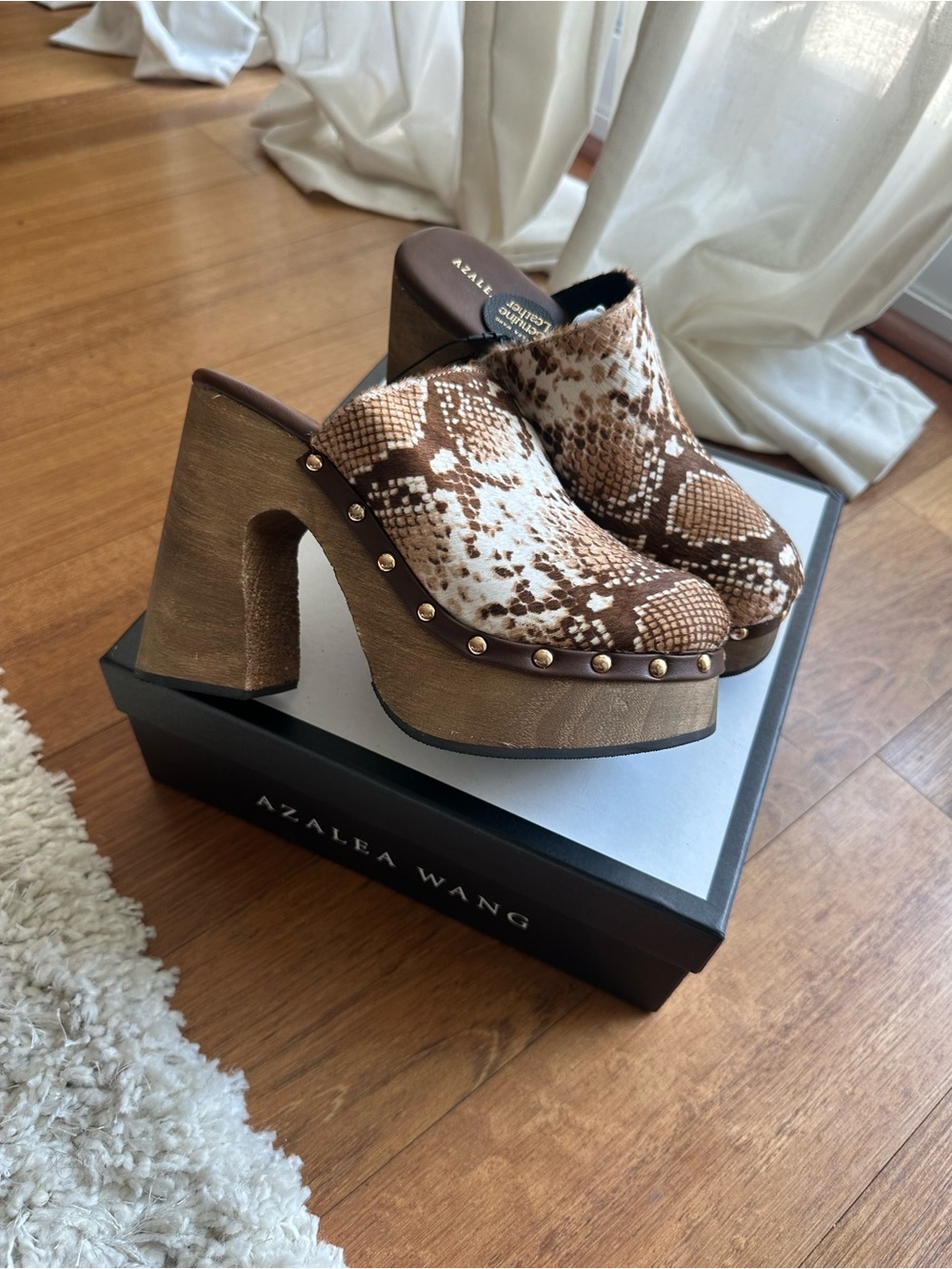Azalea Wang Brown Snake-Print Platform Clogs with Stud Trim